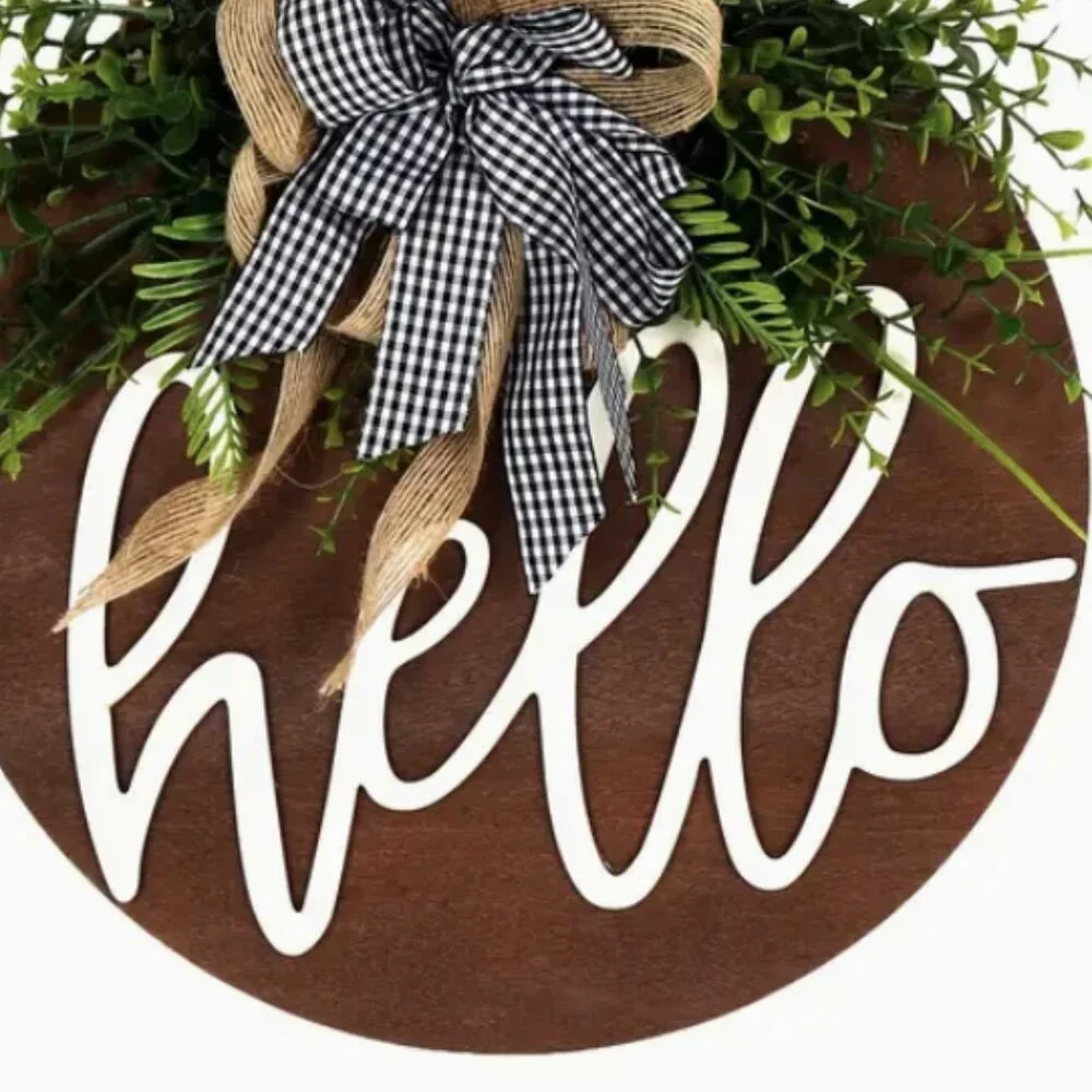 Hello Rustic Farmhouse Welcome Sign Buffalo Check Bow Wood Handmade Wreath Gift